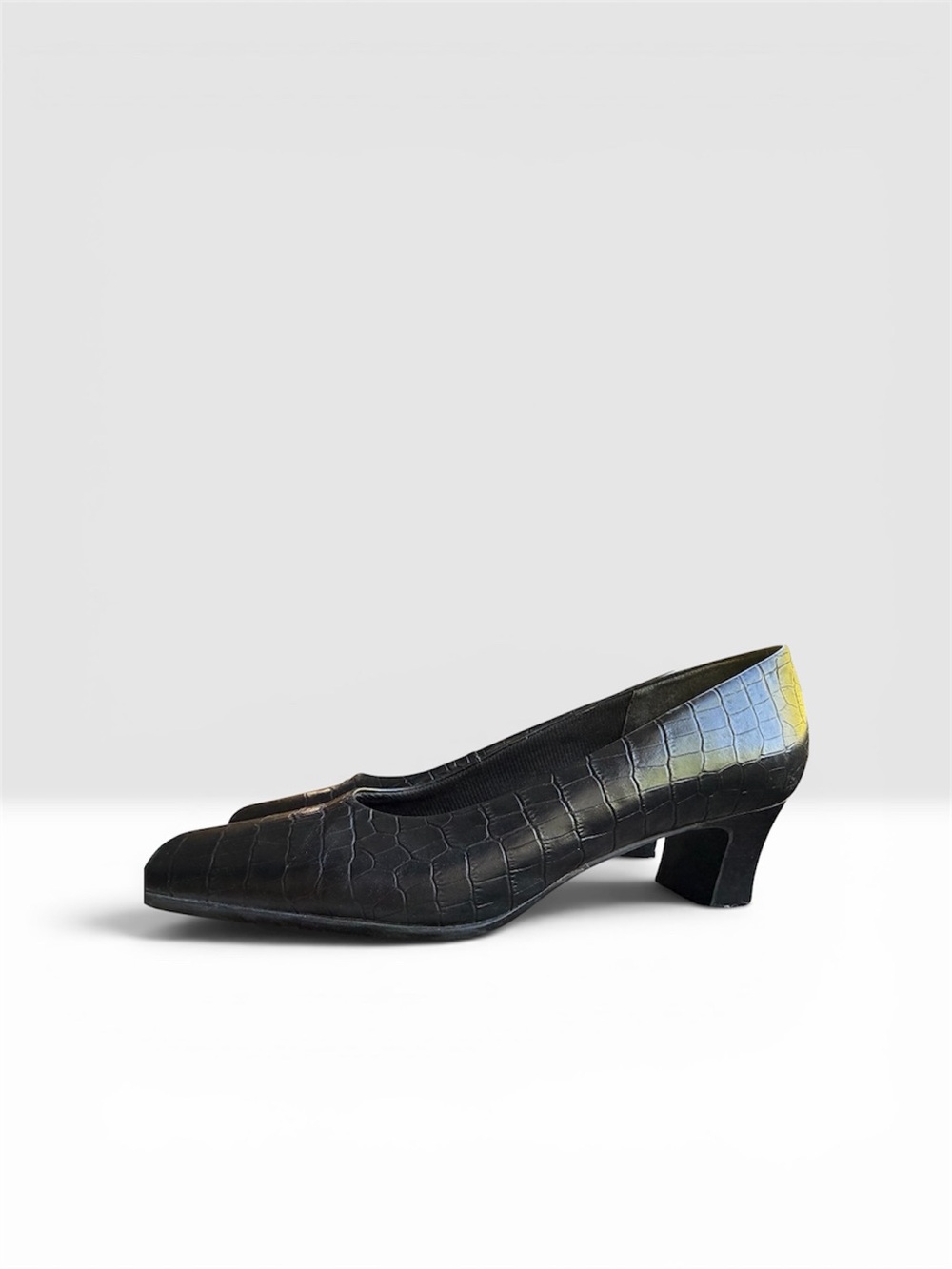 LifeStride Studio Croc-Embossed Leather Block Heel Pumps — Black, Size 7